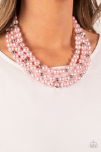 Load image into Gallery viewer, Infused with silver beads and silver rings, a bubbly collection of pink pearls are threaded along invisible wires that cascade into effervescent layers below the collar. Features an adjustable clasp closure.  Sold as one individual necklace. Includes one pair of matching earrings.
