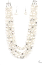 Load image into Gallery viewer, Infused with silver beads and silver rings, a bubbly collection of white pearls are threaded along invisible wires that cascade into effervescent layers below the collar. Features an adjustable clasp closure.  Sold as one individual necklace. Includes one pair of matching earrings.
