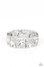 Load image into Gallery viewer, Oversized marquise cut white rhinestones sparkle atop icy frames of dainty silver studs and white rhinestones that are threaded along stretchy bands around the wrist for a jaw-dropping dazzle.  Sold as one individual bracelet.
