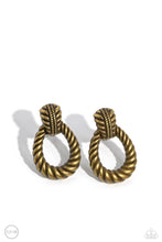 Load image into Gallery viewer, Featuring twisted ropelike texture, an antiqued loop attaches to a studded brass fitting for a rustic flair. Earring attaches to a standard clip-on earring.  Sold as one pair of clip-on earrings.

