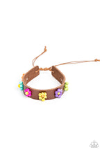 Load image into Gallery viewer, Multicolored beads bloom into vivacious flowers across the front of a brown leather band, bursting into a colorful floral accent. Features an adjustable sliding knot closure.  Sold as one individual bracelet.
