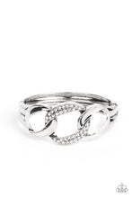 Load image into Gallery viewer, A trio of rounded square silver links, featuring a hammered texture, interlock into an unapologetic display. The centermost link is dotted with glassy rhinestones, creating a sparkly fashion around the wrist. Features a hinged closure.  Sold as one individual bracelet.
