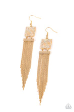 Load image into Gallery viewer, A tapered curtain of flat gold chains cascades from a gold rectangular fitting that delicately links to a gold square frame dotted in dainty white rhinestones, resulting in a trendy tassel. Earring attaches to a standard fishhook fitting.  Sold as one pair of earrings.
