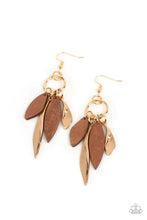Load image into Gallery viewer, A mismatched collection of asymmetrical brown wooden frames and warped gold petals glide along a gold ring, resulting in an earthy tassel. Earring attaches to a standard fishhook fitting.  Sold as one pair of earrings.
