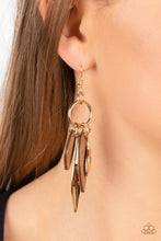 Load image into Gallery viewer, A mismatched collection of asymmetrical brown wooden frames and warped gold petals glide along a gold ring, resulting in an earthy tassel. Earring attaches to a standard fishhook fitting.  Sold as one pair of earrings.
