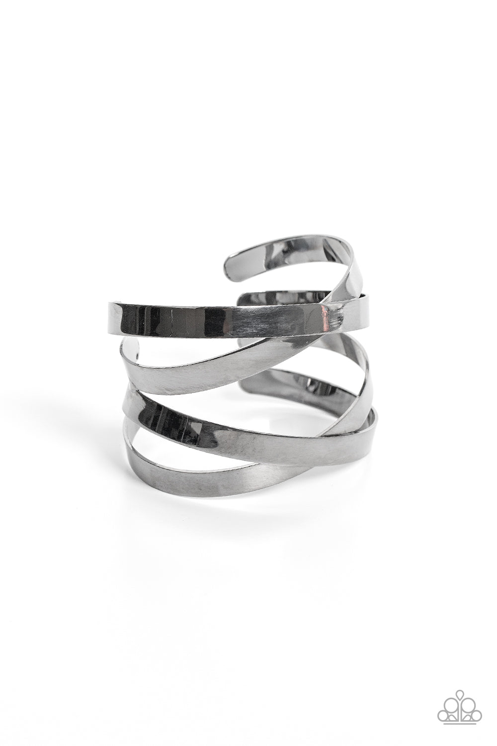 Brushed in a high-sheen finish, two sets of flat gunmetal bands crisscross over the wrist as they wrap into a lustrous cuff giving off an industrial vibe.  Sold as one individual bracelet.