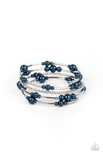Load image into Gallery viewer, Bubbly blue pearls, cylindrical silver beads, and glassy white rhinestones are threaded along a coiled wire, resulting in a timeless infinity wrap bracelet around the wrist.  Sold as one individual bracelet.

