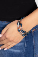 Load image into Gallery viewer, Bubbly blue pearls, cylindrical silver beads, and glassy white rhinestones are threaded along a coiled wire, resulting in a timeless infinity wrap bracelet around the wrist.  Sold as one individual bracelet.
