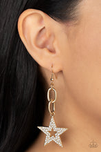 Load image into Gallery viewer, Glassy white rhinestones scatter across the front of a gold star at the bottom of a chunky gold chain, resulting in a stellar lure. Earring attaches to a standard fishhook fitting.  Sold as one pair of earrings.

