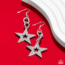 Load image into Gallery viewer, Glassy white rhinestones scatter across the front of a silver star at the bottom of a chunky silver chain, resulting in a stellar lure. Earring attaches to a standard fishhook fitting.  Sold as one pair of earrings.
