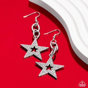 Glassy white rhinestones scatter across the front of a silver star at the bottom of a chunky silver chain, resulting in a stellar lure. Earring attaches to a standard fishhook fitting.  Sold as one pair of earrings.