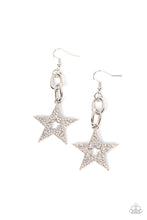 Load image into Gallery viewer, Glassy white rhinestones scatter across the front of a silver star at the bottom of a chunky silver chain, resulting in a stellar lure. Earring attaches to a standard fishhook fitting.  Sold as one pair of earrings.
