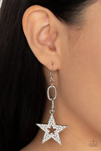 Load image into Gallery viewer, Glassy white rhinestones scatter across the front of a silver star at the bottom of a chunky silver chain, resulting in a stellar lure. Earring attaches to a standard fishhook fitting.  Sold as one pair of earrings.
