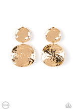 Load image into Gallery viewer, Hammered with high-sheen texture, warped gold discs delicately link into a bold monochromatic statement piece. Earring attaches to a standard clip-on fitting.  Sold as one pair of clip-on earrings.

