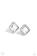 Load image into Gallery viewer, Shiny silver bars gently overlap with white rhinestone encrusted silver bars around a square cut white rhinestone, resulting in a refined radiance. Earring attaches to a standard clip-on fitting.  Sold as one pair of clip-on earrings.
