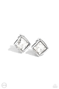 Shiny silver bars gently overlap with white rhinestone encrusted silver bars around a square cut white rhinestone, resulting in a refined radiance. Earring attaches to a standard clip-on fitting.  Sold as one pair of clip-on earrings.