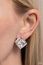 Load image into Gallery viewer, Shiny silver bars gently overlap with white rhinestone encrusted silver bars around a square cut white rhinestone, resulting in a refined radiance. Earring attaches to a standard clip-on fitting.  Sold as one pair of clip-on earrings.
