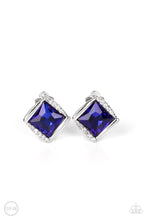 Load image into Gallery viewer, Shiny silver bars gently overlap with white rhinestone encrusted silver bars around a square cut blue rhinestone, resulting in a refined radiance. Earring attaches to a standard clip-on fitting.  Sold as one pair of clip-on earrings.
