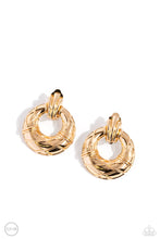 Load image into Gallery viewer, Faux gold wires wrap across the front of a curvy hoop at the bottom of a decorative gold fitting, resulting in an edgy refinement. Earring attaches to a standard clip-on fitting.  Sold as one pair of clip-on earrings.
