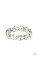 Load image into Gallery viewer, Separated by pairs of dainty silver beads, iridescent rhinestone dotted petals bloom from oversized white rhinestone centers along stretchy bands around the wrist for a flirtatious floral fashion. Due to its prismatic palette, color may vary.  Sold as one individual bracelet.
