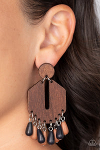 Teardrop black and brown stone beads sway from the bottom of an airy, geometric wooden frame that links to a flat wooden circle, resulting in a western inspired fringe. Earring attaches to a standard post fitting.  Sold as one pair of post earrings.