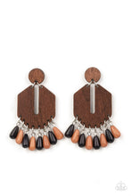 Load image into Gallery viewer, Teardrop black and brown stone beads sway from the bottom of an airy, geometric wooden frame that links to a flat wooden circle, resulting in a western inspired fringe. Earring attaches to a standard post fitting.  Sold as one pair of post earrings.
