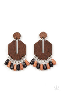 Teardrop black and brown stone beads sway from the bottom of an airy, geometric wooden frame that links to a flat wooden circle, resulting in a western inspired fringe. Earring attaches to a standard post fitting.  Sold as one pair of post earrings.