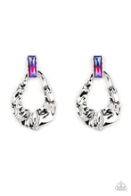 Load image into Gallery viewer, Folds of warped silver delicately gather into an edgy teardrop at the bottom of an emerald cut iridescent pink rhinestone. Earring attaches to a standard post fitting. Due to its prismatic palette, color may vary.  Sold as one pair of post earrings.
