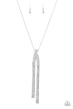 Load image into Gallery viewer, Flat silver chains stream out from the bottom of two overlapping white rhinestone encrusted frames, creating a timelessly twinkling pendant at the bottom of a lengthened silver snake chain. Features an adjustable clasp closure.  Sold as one individual necklace. Includes one pair of matching earrings.
