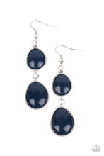Load image into Gallery viewer, Set in textured silver frames, two asymmetrical navy blue beads link into a colorful lure for a summery fashion. Earring attaches to a standard fishhook fitting. /P&gt;  Sold as one pair of earrings.
