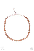 Load image into Gallery viewer, Delicately scratched in a blinding shimmer, a row of dainty copper discs shines around the neck for a minimalistic sheen. Features an adjustable clasp closure.  Sold as one individual choker necklace. Includes one pair of matching earrings.

