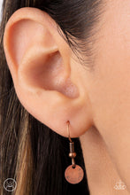 Load image into Gallery viewer, Copper disc hanging from a copper fish hook earring.
