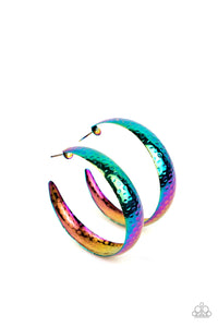 Futuristic Flavor Earrings - Radiating with hammered detail, an oil-spill finished hoop curls around the ear for a look ahead of its time. Earring attaches to a standard post fitting. Hoop measures approximately 1.75" in diameter.