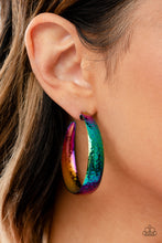 Load image into Gallery viewer, Futuristic Flavor Earrings - Radiating with hammered detail, an oil-spill finished hoop curls around the ear for a look ahead of its time. Earring attaches to a standard post fitting. Hoop measures approximately 1.75&quot; in diameter.
