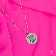 Load image into Gallery viewer, At the bottom of a shiny silver chain, a shiny silver disc is stamped with the phrase, &quot;MOM a title just above Queen.&quot; The clasp attaching the disc to the chain features a collection of dainty iridescent rhinestones, adding a hint of sparkle to the sentimental statement piece. Features an adjustable clasp closure. Due to its prismatic palette, color may vary.  Sold as one individual necklace. Includes one pair of matching earrings.
