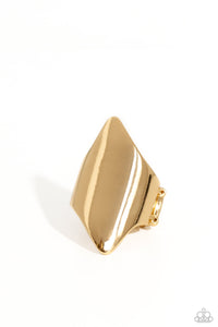 A thick band of glistening gold arcs across the finger, with two sharp points jutting out at the ends, coalescing into a bold, asymmetrical centerpiece. Features a stretchy band for a flexible fit.  Sold as one individual ring.