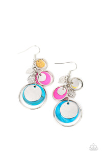 A colorful collection of yellow, hot pink, and turquoise shell-like discs and dainty silver rings dances from the top of a fishhook setting, gradually increasing in size as they fall further down the ear. Connected to the top-most hoop, silver-dotted leaf charms swing for additional eye-catching movement, resulting in a beach inspired lure. Earring attaches to a standard fishhook fitting.  Sold as one pair of earrings.
