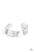 Load image into Gallery viewer, Three shimmery silver butterflies flutter atop the wrist on a thick silver cuff for a whimsical finish.  Sold as one individual bracelet.
