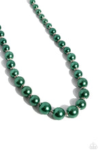 Load image into Gallery viewer, A single strand of emerald green pearls elegantly cascades below the collar, creating a glamorous graceful effect. Features an adjustable clasp closure.  Sold as one individual necklace. Includes one pair of matching earrings.
