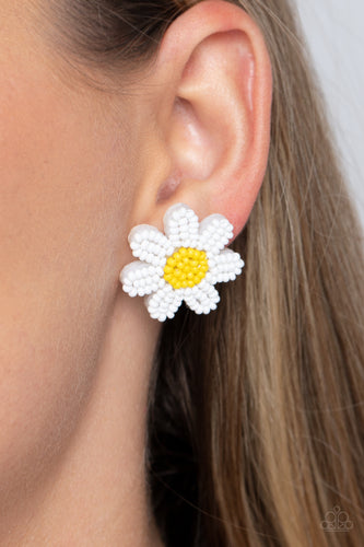 Layers of white seed bead petals fan out from a yellow seed bead center, blooming into a textured floral centerpiece. Earring attaches to a standard post fitting.  Sold as one pair of post earrings.