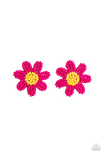 Load image into Gallery viewer, Layers of hot pink seed bead petals fan out from a yellow seed bead center, blooming into a textured floral centerpiece. Earring attaches to a standard post fitting.  Sold as one pair of post earrings.
