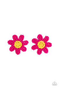 Layers of hot pink seed bead petals fan out from a yellow seed bead center, blooming into a textured floral centerpiece. Earring attaches to a standard post fitting.  Sold as one pair of post earrings.