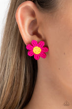 Load image into Gallery viewer, Layers of hot pink seed bead petals fan out from a yellow seed bead center, blooming into a textured floral centerpiece. Earring attaches to a standard post fitting.  Sold as one pair of post earrings.
