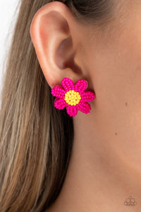 Layers of hot pink seed bead petals fan out from a yellow seed bead center, blooming into a textured floral centerpiece. Earring attaches to a standard post fitting.  Sold as one pair of post earrings.