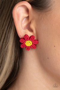 Layers of red seed bead petals fan out from a yellow seed bead center, blooming into a textured floral centerpiece. Earring attaches to a standard post fitting.  Sold as one pair of post earrings.