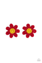 Load image into Gallery viewer, Layers of red seed bead petals fan out from a yellow seed bead center, blooming into a textured floral centerpiece. Earring attaches to a standard post fitting.  Sold as one pair of post earrings.
