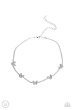 Load image into Gallery viewer, A row of dainty white rhinestones pressed into silver box-chain settings, a collection of silver butterflies coalesces around the neckline for a whimsical finish. Each butterfly features a dainty shimmer of white rhinestones on its wings, for a sparkly statement. Features an adjustable clasp closure.  Sold as one individual choker necklace. Includes one pair of matching earrings.
