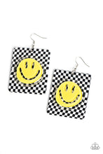 Load image into Gallery viewer, Set against a trendy, checkerboard backdrop, an oversized, sparkly, yellow smiley face stands out for a cheerfully captivating statement piece near the ear. Earring attaches to a standard fishhook fitting.  Sold as one pair of earrings.
