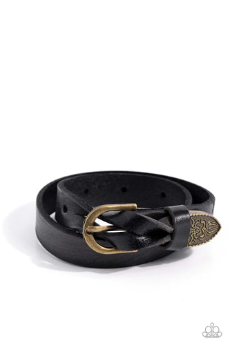 Featuring a weathered finish, a black leather band loops around the wrist in a belt loop fashion. Featured at the end of the loop, the leather braids into a brass cap fitting, embossed with a coat of arms style filigree for an urban statement. Features an adjustable belt loop closure.  Sold as one individual bracelet.