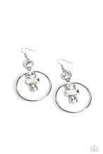 Load image into Gallery viewer, Dangling from an asscher-cut white gem, a trio of white and iridescent geometric-shaped gems glimmer inside airy silver hoops. Earring attaches to a standard fishhook fitting. Due to its prismatic palette, color may vary.  Sold as one pair of earrings.
